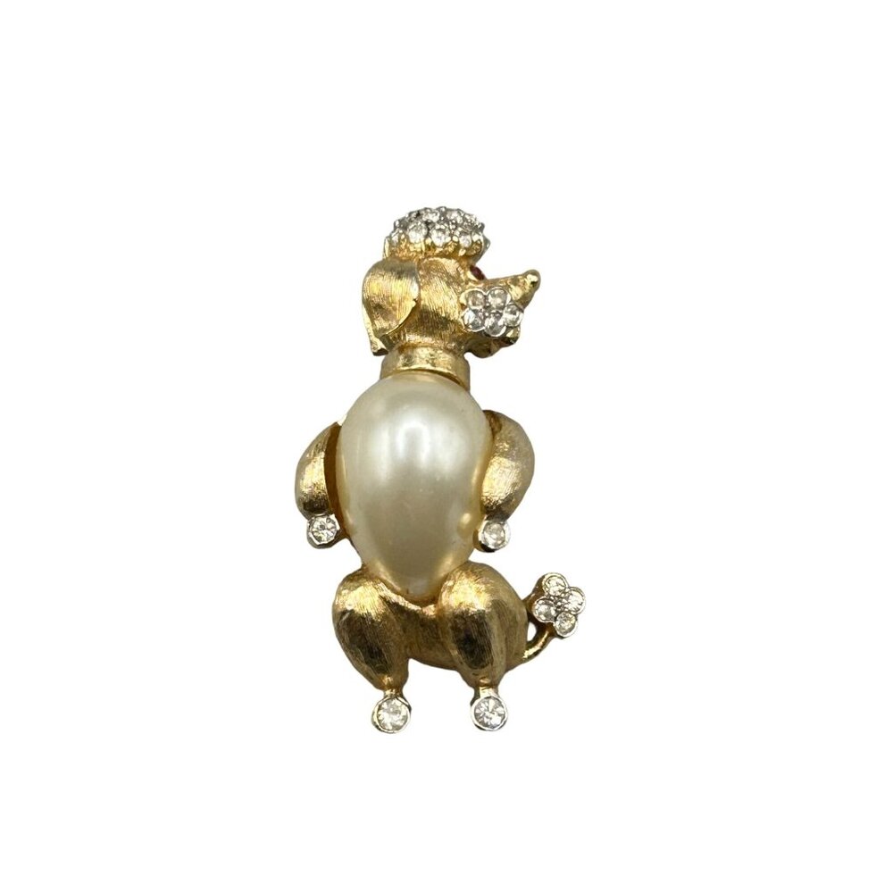 Vintage Trifari Poodle Brooch Pin Faux Pearl Belly & Rhinestones Gold Tone